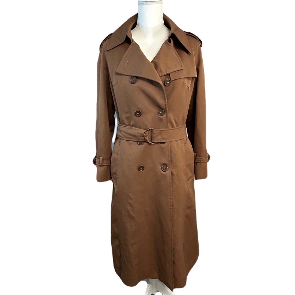 Vintage JCPenney Women Longline Trench Coat 14 Belt Zip Out Liner Brown Classic